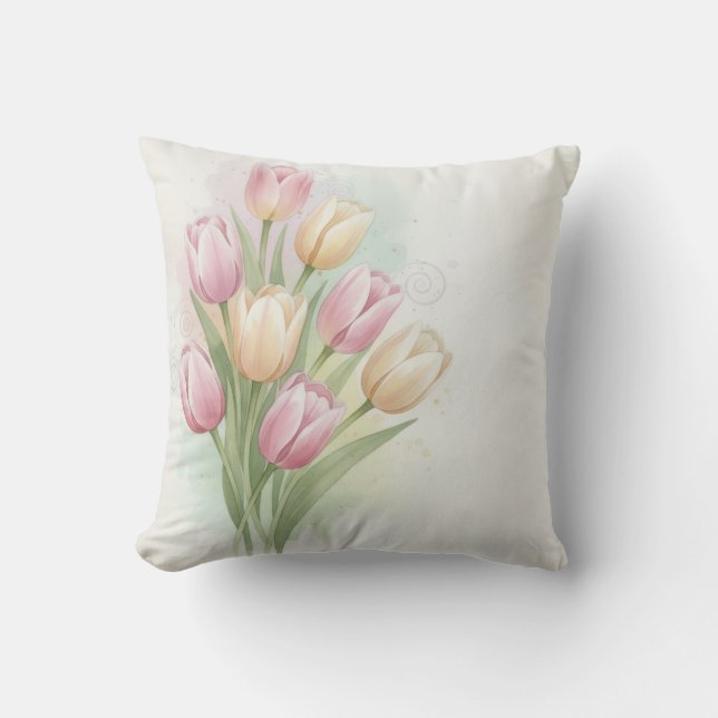 Pink and Yellow Tulip Flower Bouquet Cushion (Front)