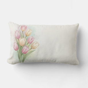 Pink and Yellow Tulip Flower Bouquet Lumbar Cushion