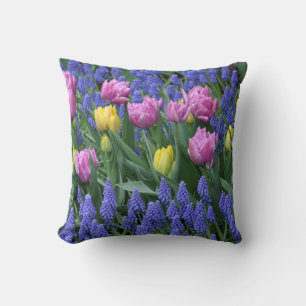 Pink and yellow tulips cushion