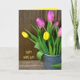 pink and yellow tulips in bucket Name Day Card