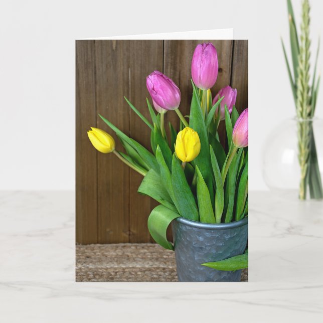 Pink And Yellow Tulips In Pail Card (Front)