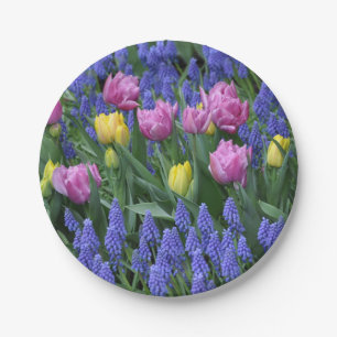 Pink and yellow tulips paper plate