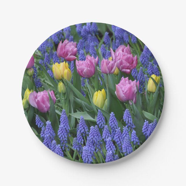 Pink and yellow tulips paper plate (Front)