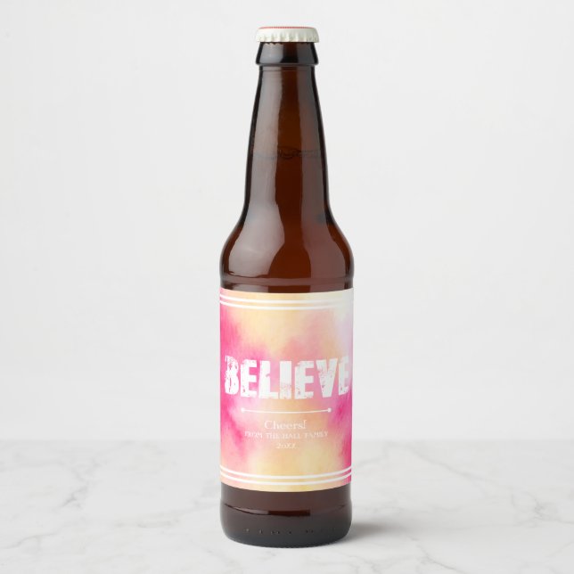 Pink and Yellow Watercolor, Believe Beer Bottle Label (Front)