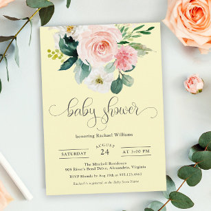 Pink and Yellow Watercolor Floral Baby Shower Invitation