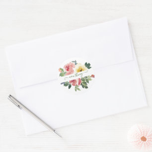 Pink and yellow watercolor floral personalised classic round sticker