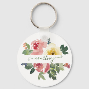 Pink and yellow watercolor floral personalised key ring