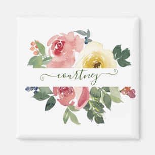 Pink and yellow watercolor floral personalised   magnet