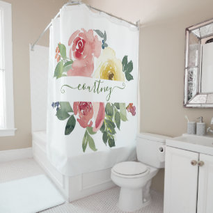 Pink and yellow watercolor floral personalised shower curtain