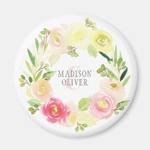 Pink and Yellow Watercolor Floral Wreath Wedding Magnet