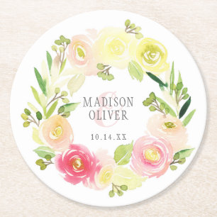 Pink and Yellow Watercolor Floral Wreath   Wedding Round Paper Coaster