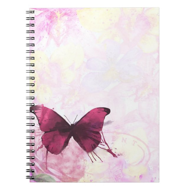 Pink and Yellow Watercolor Flowers with Butterfly Spiral Notebook (Front)