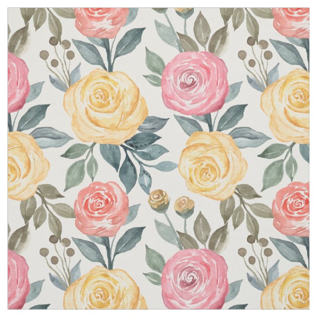Pink and yellow watercolor rose fabric (Swatch)