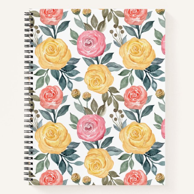 Pink and yellow watercolor rose notebook (Front)