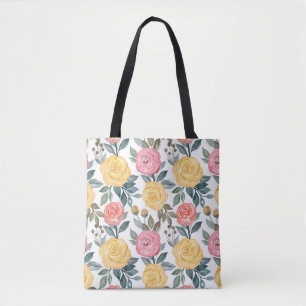 Pink and yellow watercolor rose tote bag