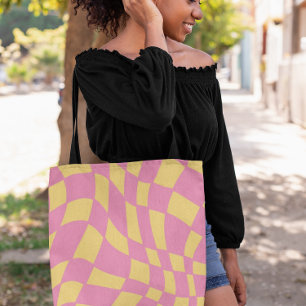 Pink and Yellow Wavy Retro Chequered Crossbody Bag