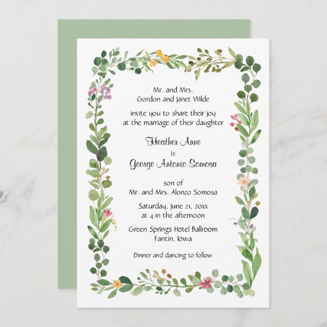 Pink and Yellow Wildflowers and Greenery Wedding Invitation (Front/Back)