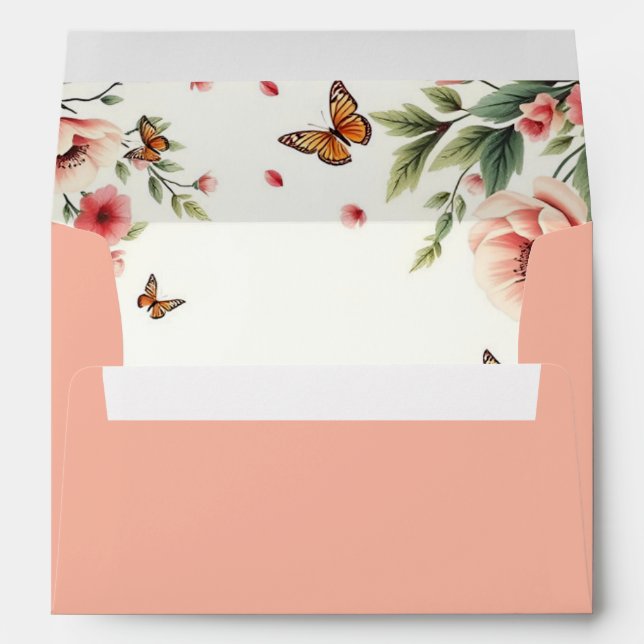 Pink anemone, butterflies floral border wedding envelope (Back (Bottom))