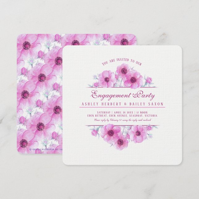 Pink anemone floral watercolor engagement invitation (Front/Back)