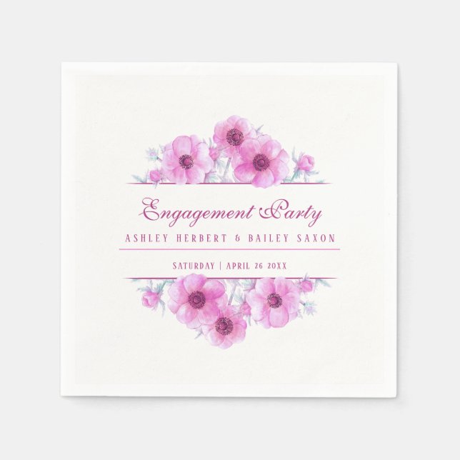 Pink anemone floral watercolor engagement napkin (Front)