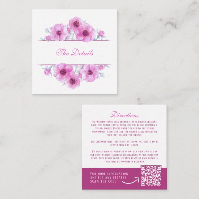 Pink anemone floral wedding details QR code Enclosure Card (Front/Back)