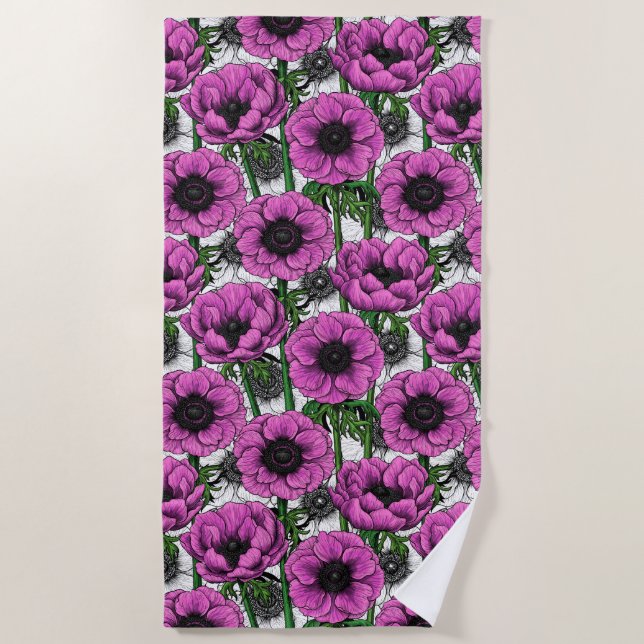 Pink anemone garden beach towel (Front)