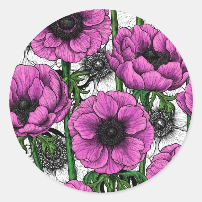 Pink anemone garden classic round sticker (Front)