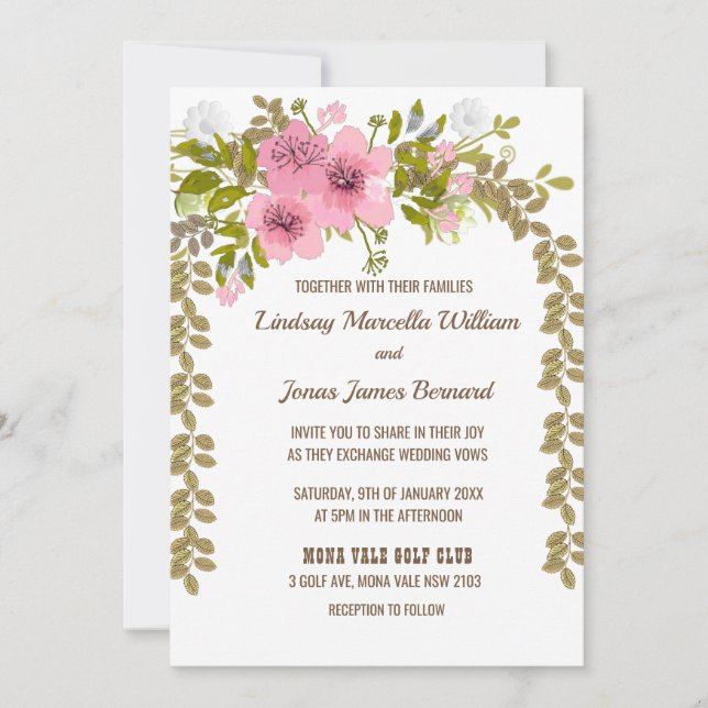 Pink  Anemone Golden Leaves Wedding Invitation (Front)