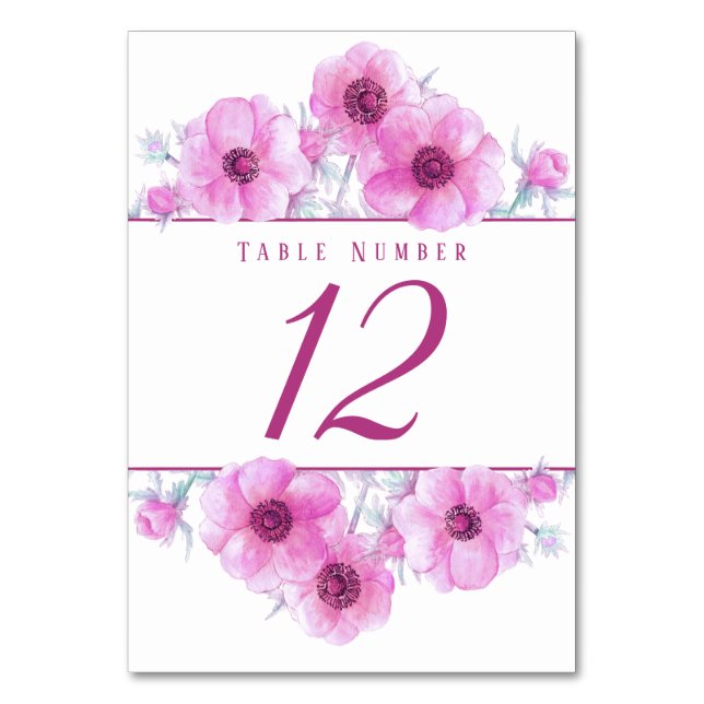 Pink anemone watercolor art table numbers (Front)