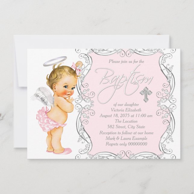 Pink Angel Baptism Invitation (Front)