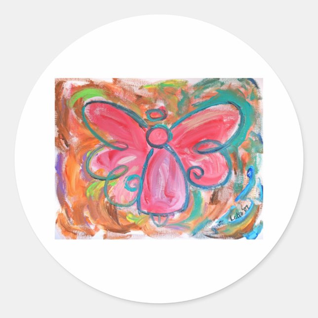pink angel for fall leaves classic round sticker (Front)