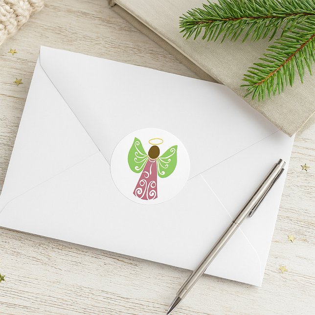 Pink Angel Green Swirl Wings Spiritual Decorative  Classic Round Sticker (Creator Uploaded)