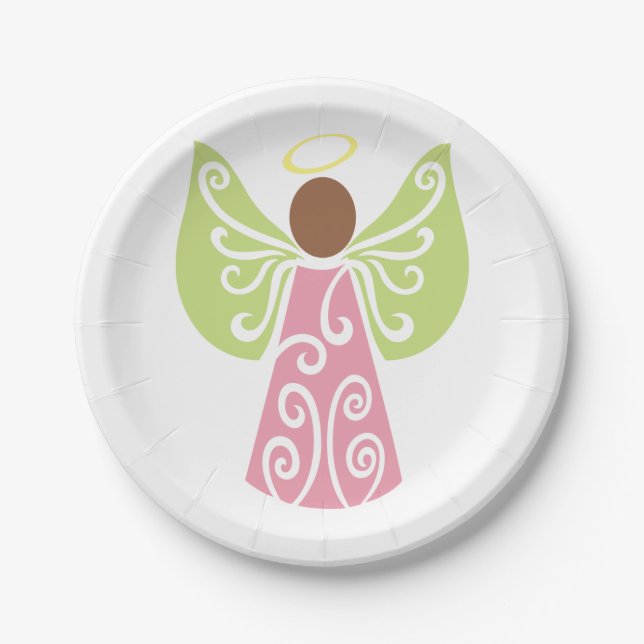 Pink Angel Green Swirl Wings Spiritual Decorative  Paper Plate (Front)
