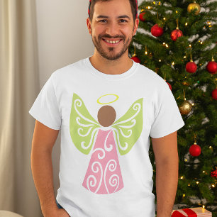 Pink Angel Green Swirl Wings Spiritual Decorative T-Shirt