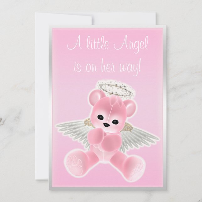 Pink Angel Teddy Bear Baby Shower Invitation (Front)