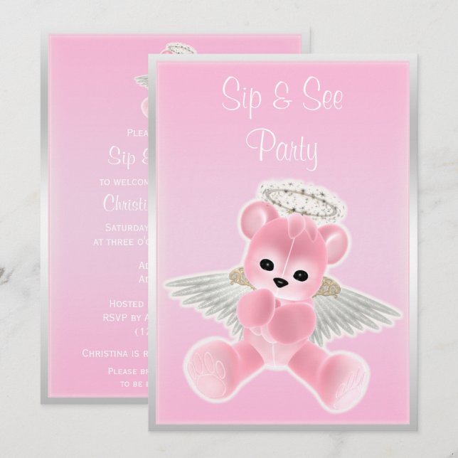 Pink Angel Teddy Bear Sip & See Invitation (Front/Back)