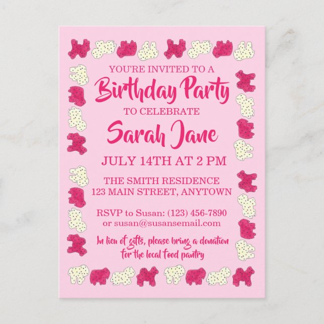 Pink Animal Crackers Cookies Circus Birthday Party Invitation Postcard (Front)