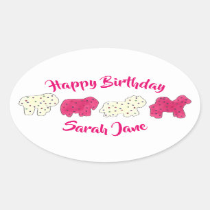 Pink Animal Crackers Cookies Circus Birthday Party Oval Sticker