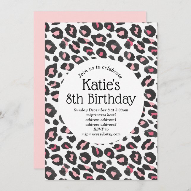 pink animal print, Leopard ,cheetah birthday Invitation (Front/Back)
