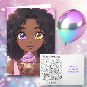 Pink Anime Girl's Birthday and Coloring Page Card