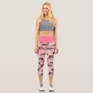 pink anteater cute animal floral  capri leggings