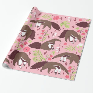 pink anteater cute animal floral wrapping paper