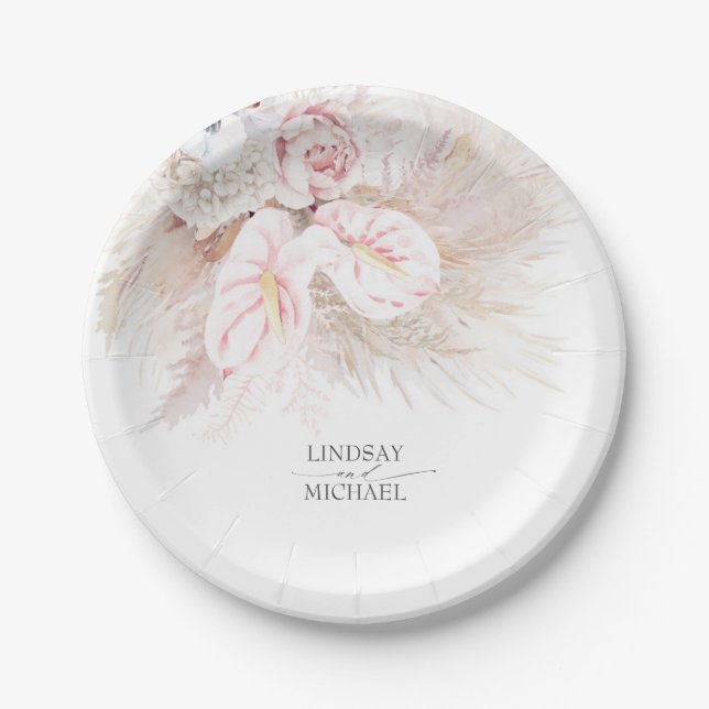 Pink Anthurium and Pampas Grass Elegant Wedding Paper Plate (Front)