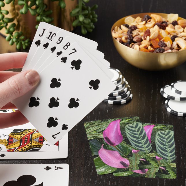 Pink Anthurium Blooms and Leafy Foliage Playing Cards (In Situ)