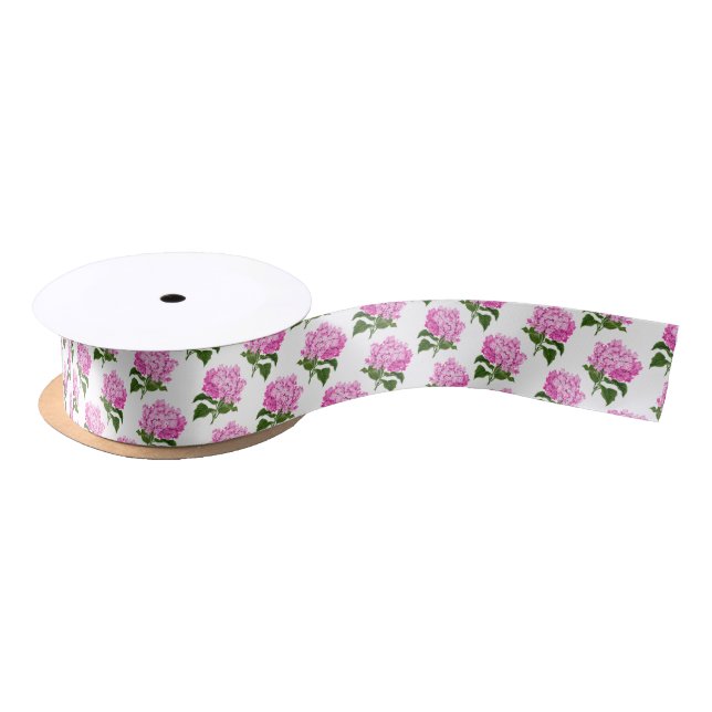 Pink Antique Hydrangea Flower Pattern Satin Ribbon (Spool)