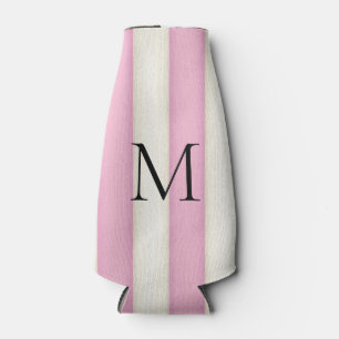 Pink & Antique White Stripes Monogrammed Bottle Cooler