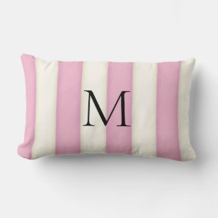 Pink & Antique White Stripes Monogrammed Lumbar Cushion