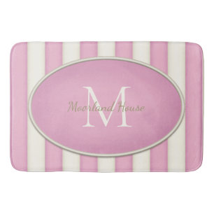 Pink & Antique White Stripes Oval Framed Monogram Bath Mat