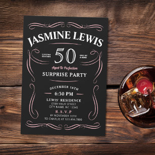 Pink Any Age Whiskey themed surprise 50th birthday Invitation