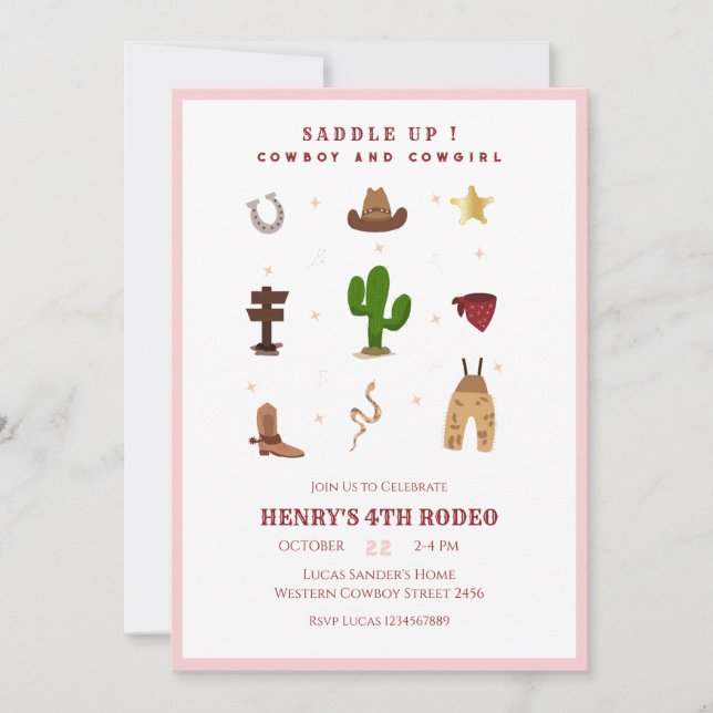Pink Any Year Rodeo Cowboy Kids Birthday Invitation (Front)